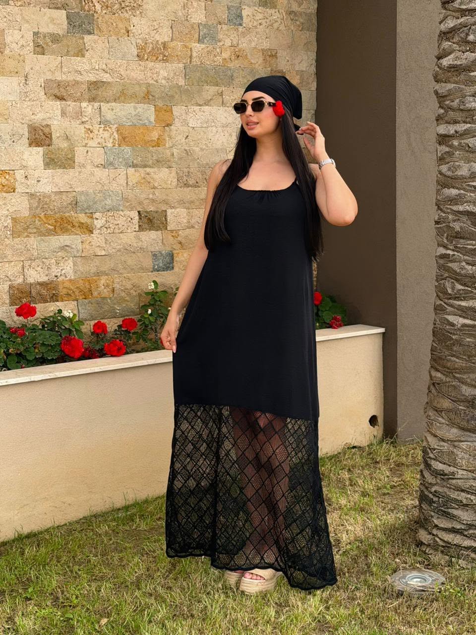 Robe longue en dentelle — Noir